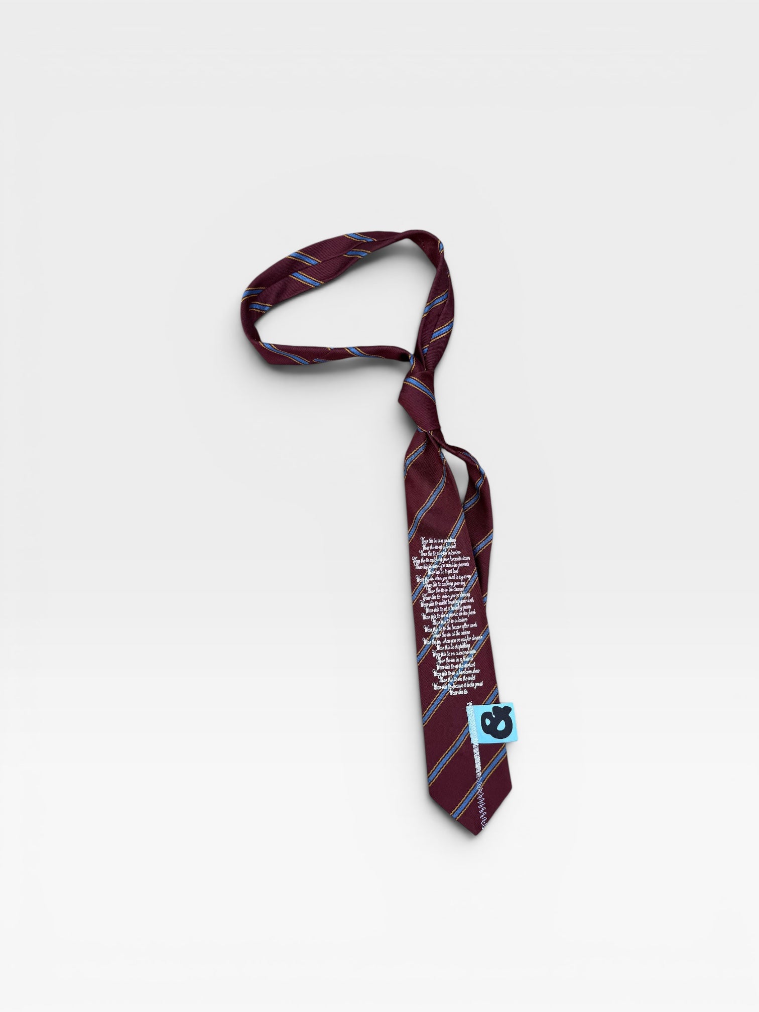 andvamos Maroon Stripe Poem Tie — reworked maroon striped tie with poem print