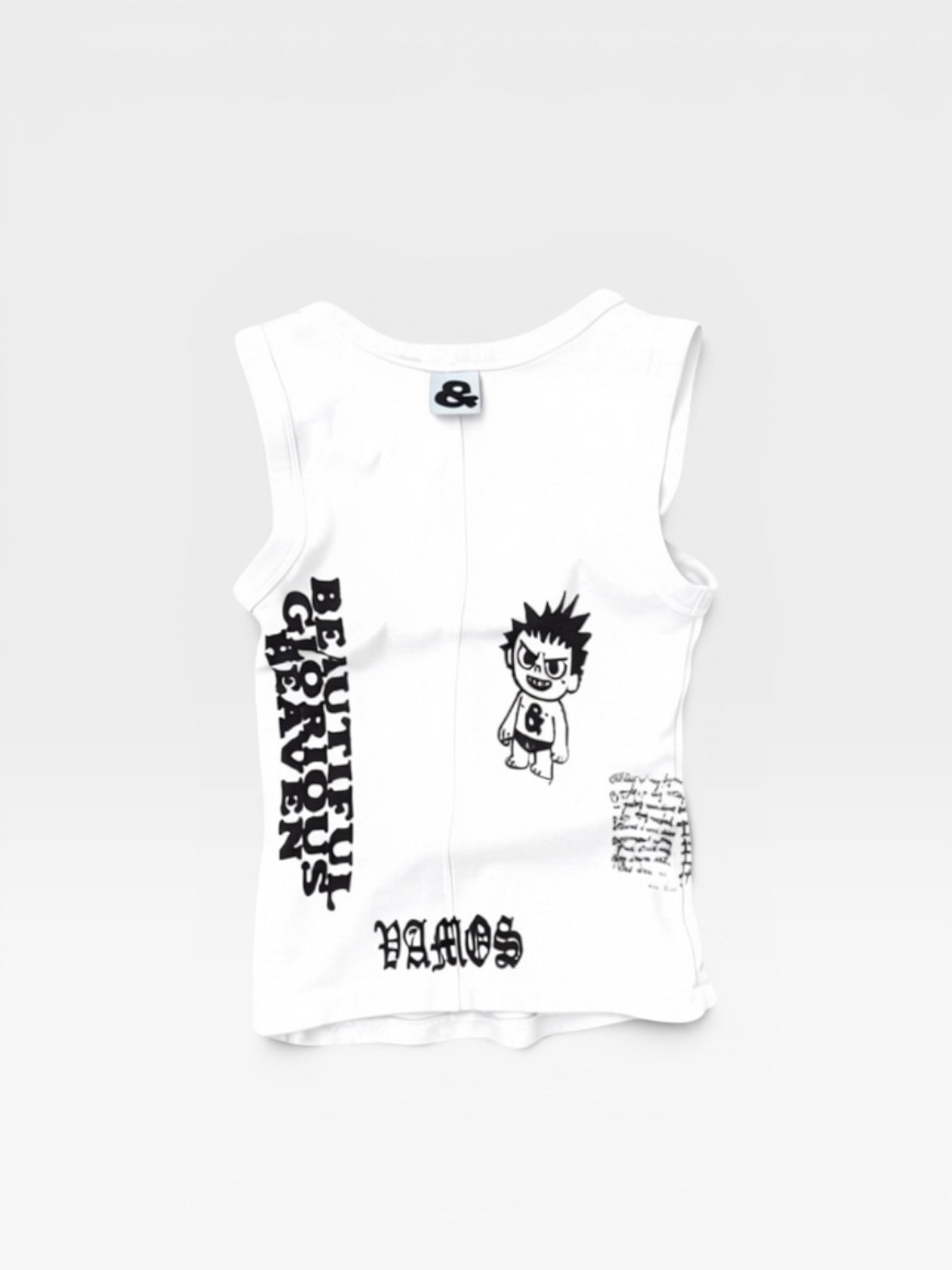 andvamos Tattoo Tank — reworked white tank with tattoo-style graphic prints, detail view