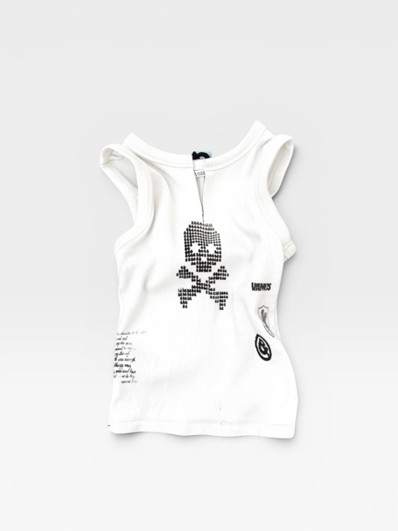 andvamos Tattoo Tank — reworked white ribbed tank with black skull-and-crossbones and tattoo-style prints, front view