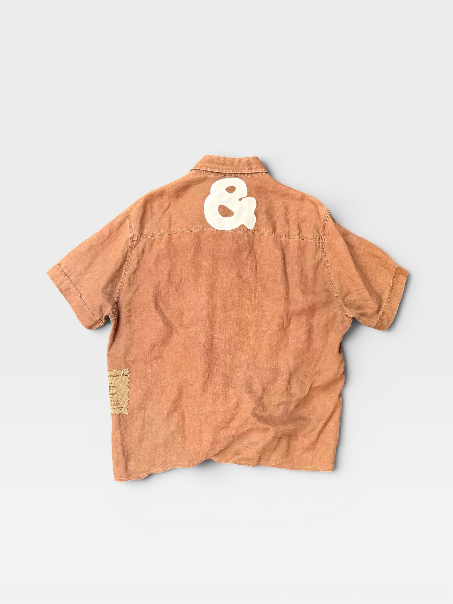 andvamos Heaven Shirt back — reworked terracotta linen shirt with cream & print and poem patch, one-of-a-kind upcycled streetwear